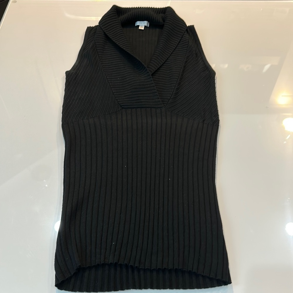 Cache Sleeveless Collared Deep V Long Black Ribbed Sweater